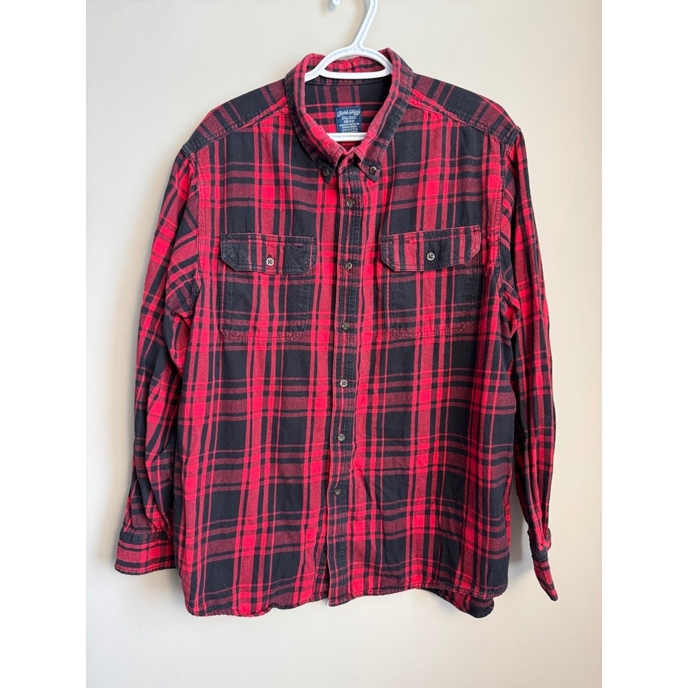 Faded Glory Flannel Shirt Plaid Long Sleeve Button Down Red Black 2XL Grunge